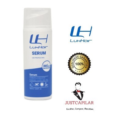 Frasco de sérum LuxHair branco e azul com texto e logótipos ao lado