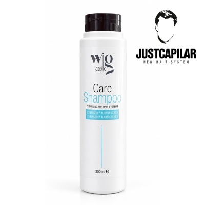 Frasco branco de shampoo wg atelier Care Shampoo com tampa preta e texto em azul e preto