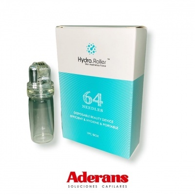 Dispositivo Hydra Roller com 64 agulhas e caixa branca e azul ao fundo