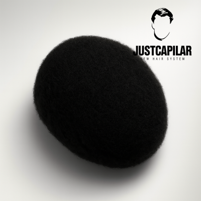 Peruca preta com textura afro e logotipo JUSTCAPILAR NEW HAIR SYSTEM