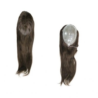 Peruca castanha escura com base transparente e cabelo longo