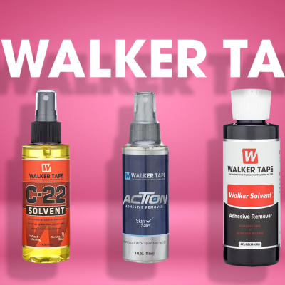 Frascos de spray Walker Tape com diferentes rótulos coloridos em fundo rosa