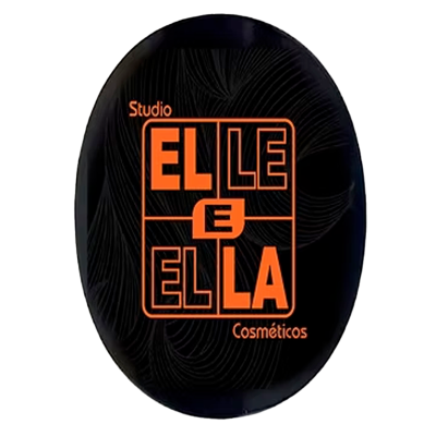 Embalagem oval preta com texto laranja de Studio Ella Cosméticos