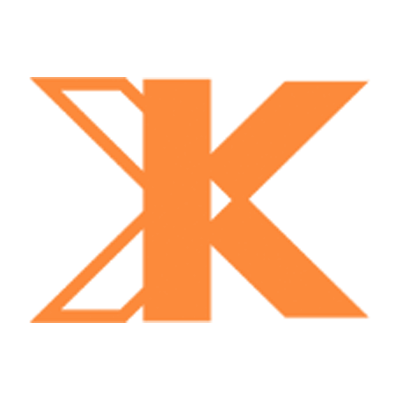 Logótipo laranja com letra K e forma triangular