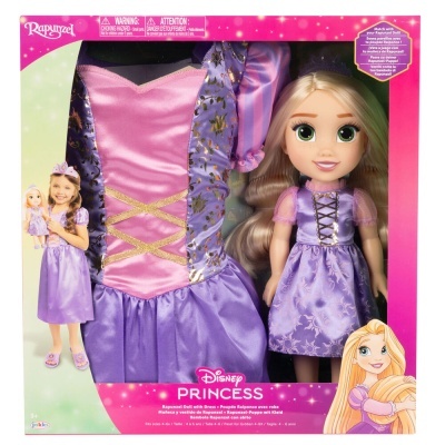 Boneca Disney Princess Rapunzel com vestido roxo em embalagem rosa e verde