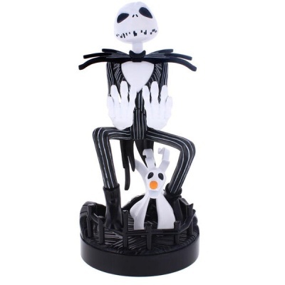 Figura decorativa de Jack Skellington em preto e branco com fantasma numa base circular.