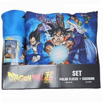 Conjunto Dragon Ball Super com manta e almofada azul com personagens e embalagem preta