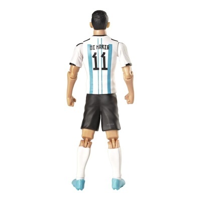 Figura de ação de jogador de futebol com camisola branca e azul, calções pretos e chuteiras azuis