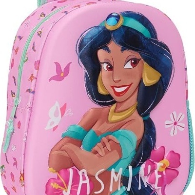 Mochila infantil rosa com princesa Jasmine e flores