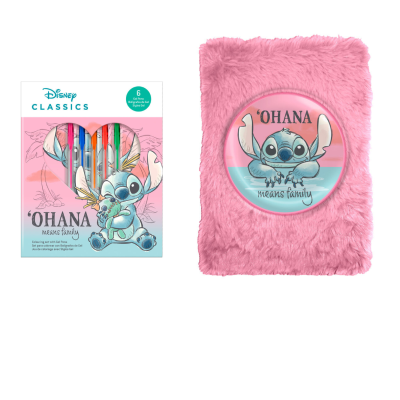 Conjunto de canetas coloridas Disney e caderno rosa felpudo com Stitch e frase OHANA means family