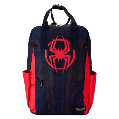 Mochila preta e vermelha com símbolo de aranha vermelho no centro