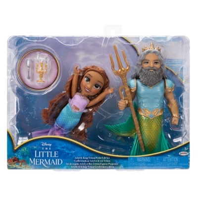 Conjunto de figuras Ariel e Rei Tritão com tridente em embalagem transparente.