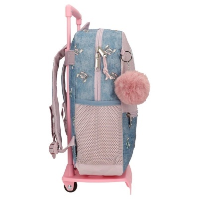 Mochila azul clara e rosa com padrão de abelhas e rodinhas rosa