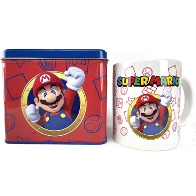 Conjunto lata metálica vermelha e caneca branca com imagem e texto Super Mario