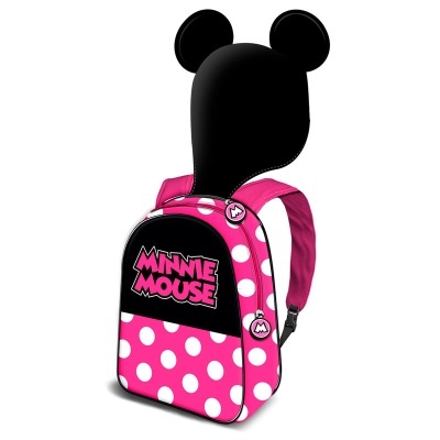 Mochila rosa com bolas brancas e design da Minnie Mouse