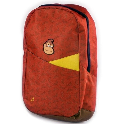 Mochila vermelha com padrão de bananas e rosto de macaco estampado