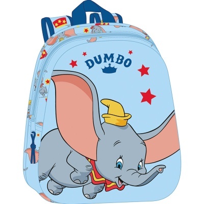 Mochila azul com desenho do elefante Dumbo e estrelas vermelhas