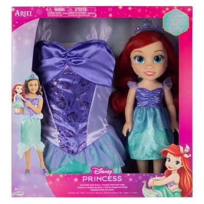 Boneca Ariel Disney Princess com vestido azul e roxo em embalagem rosa.