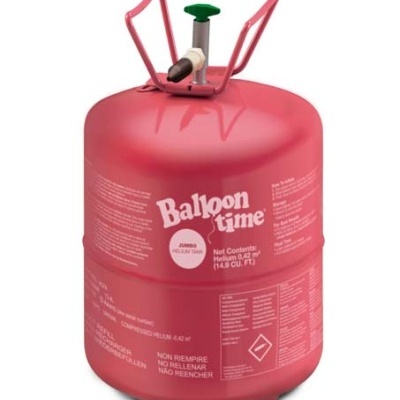 Garrafa metálica cor-de-rosa para hélio com válvula no topo e texto Ballon time