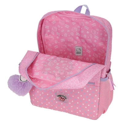 Mochila escolar rosa com desenhos Hello Kitty e chaveiro peludo lilás