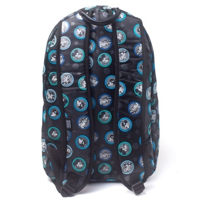 Mochila preta com padrão de Snoopy em círculos azuis e verdes