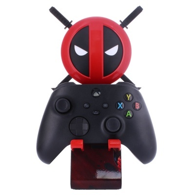 suporte de comando de videojogo com figura Deadpool e base para smartphone
