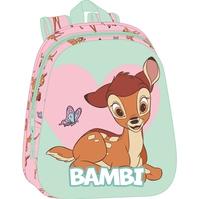 Mochila infantil Bambi azul com corações rosa e padrão borboletas