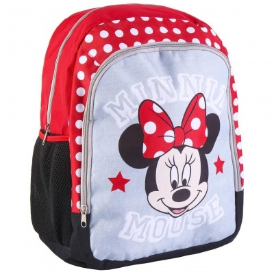 Mochila infantil vermelha e cinza com estampa Minnie Mouse e bolinhas brancas