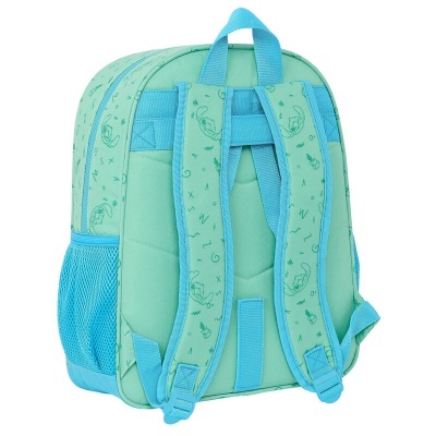 Mochila infantil verde água com alças acolchoadas e bolso lateral em rede azul
