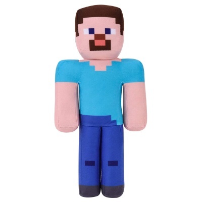 Boneco de pelúcia pixelado com camisa azul e calças azuis