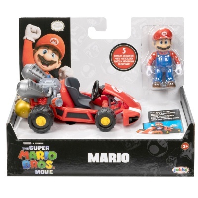 Brinquedo do filme THE SUPER MARIO BROS com kart vermelho e figura do Mario na embalagem.