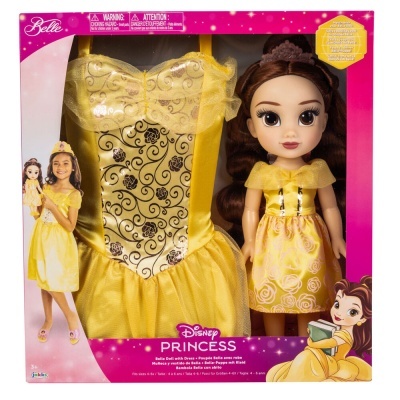Conjunto Disney Princess Belle com boneca e vestido amarelo em embalagem rosa