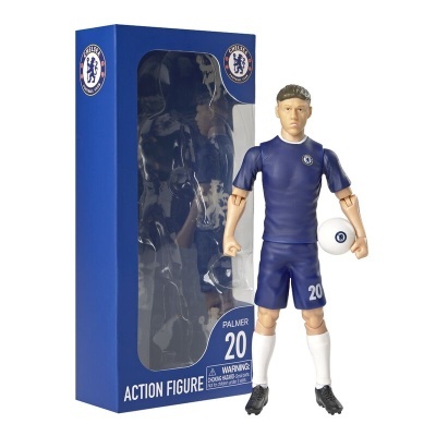 Figura de ação do jogador Palmer do Chelsea com roupa azul e branca e bola branca, caixa azul ao lado.