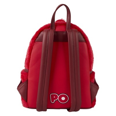 Mochila vermelha com alças em couro vermelho escuro e pelúcia