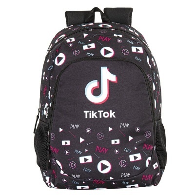 Mochila preta com logótipo TikTok e ícones de play rosa e branco