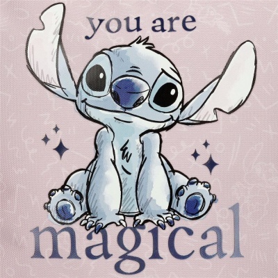 Ilustração do personagem Stitch azul claro com texto 'you are magical' em fundo rosa claro.