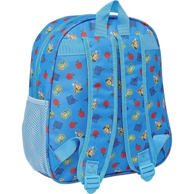 Mochila infantil azul padrão colorido com alças e bolso em rede