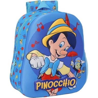 Mochila infantil azul com imagem do Pinóquio e texto PINOCCHIO