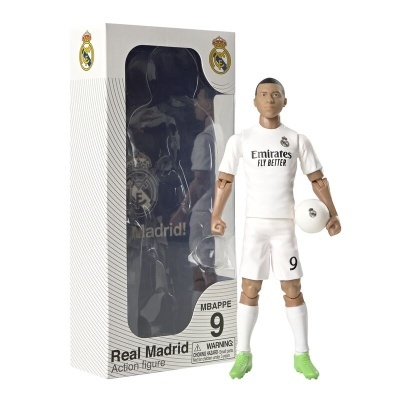 Figura de ação do jogador Mbappé do Real Madrid com bola, embalagem branca com janela e texto Real Madrid