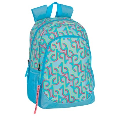 Mochila escolar azul clara com padrões de números coloridos