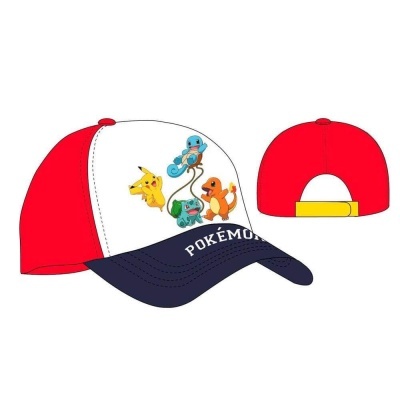 Boné Pokémon vermelho, branco e azul com personagens na frente