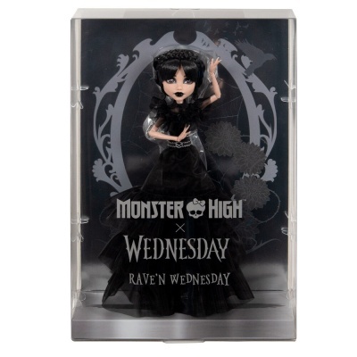 Boneca Monster High X Wednesday Rave n Wednesday com vestido preto na embalagem transparente