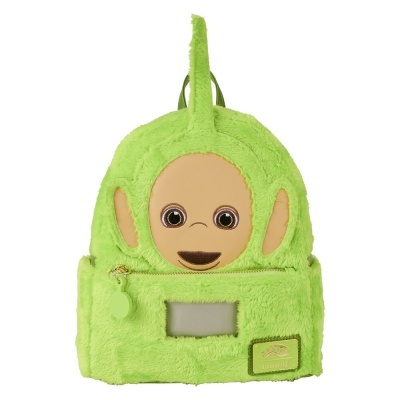 Mochila infantil verde de pelúcia com rosto de boneco