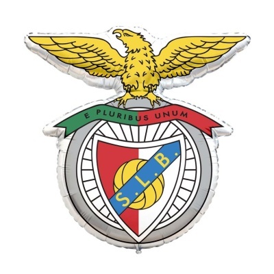 Balão em formato do emblema do clube SLB com águia amarela e escudo vermelho, branco e azul