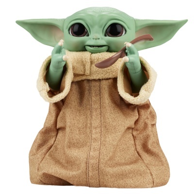 Figura de ação Baby Yoda com casaco castanho e colher