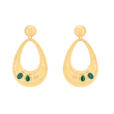 Brincos dourados com pedras verdes e cristal