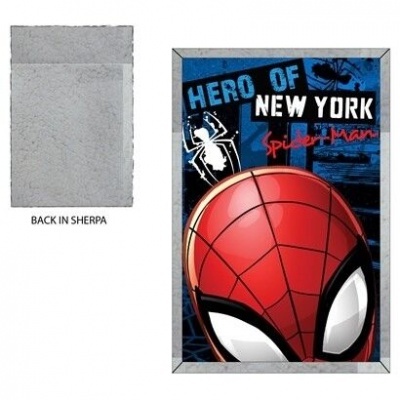 Cobertor cinza com imagem do homem-aranha e texto hero of New York.