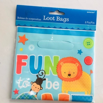 Pacote de sacos de surpresa azuis com desenhos de animais e texto colorido