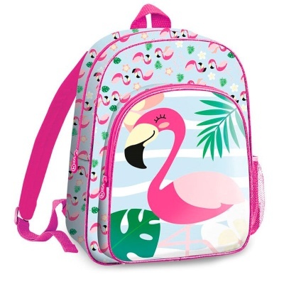 Mochila infantil com padrão de flamingos rosa e bolso frontal com flamingo grande