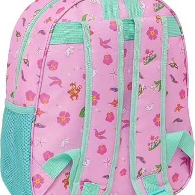 mochila infantil cor-de-rosa com padrão de flores, pássaros e macaco, alças verdes